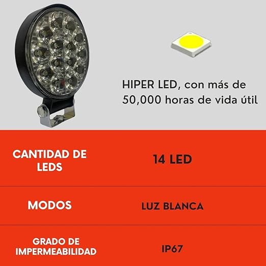Faro Redondo 14 Led Luz Blanco Fijo Con Base Ore