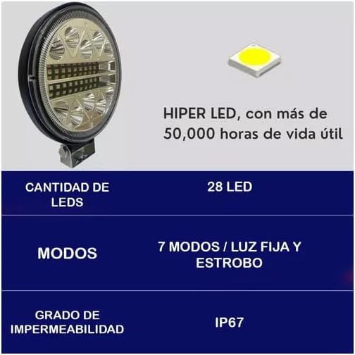 Faro 28 Led Luz Fija Azul Rojo Blanco Estrobo Auto Moto Ore