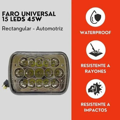 Faro Universal Rectangular 15 Led 5x7 Alta Y Baja H4 45w Ore