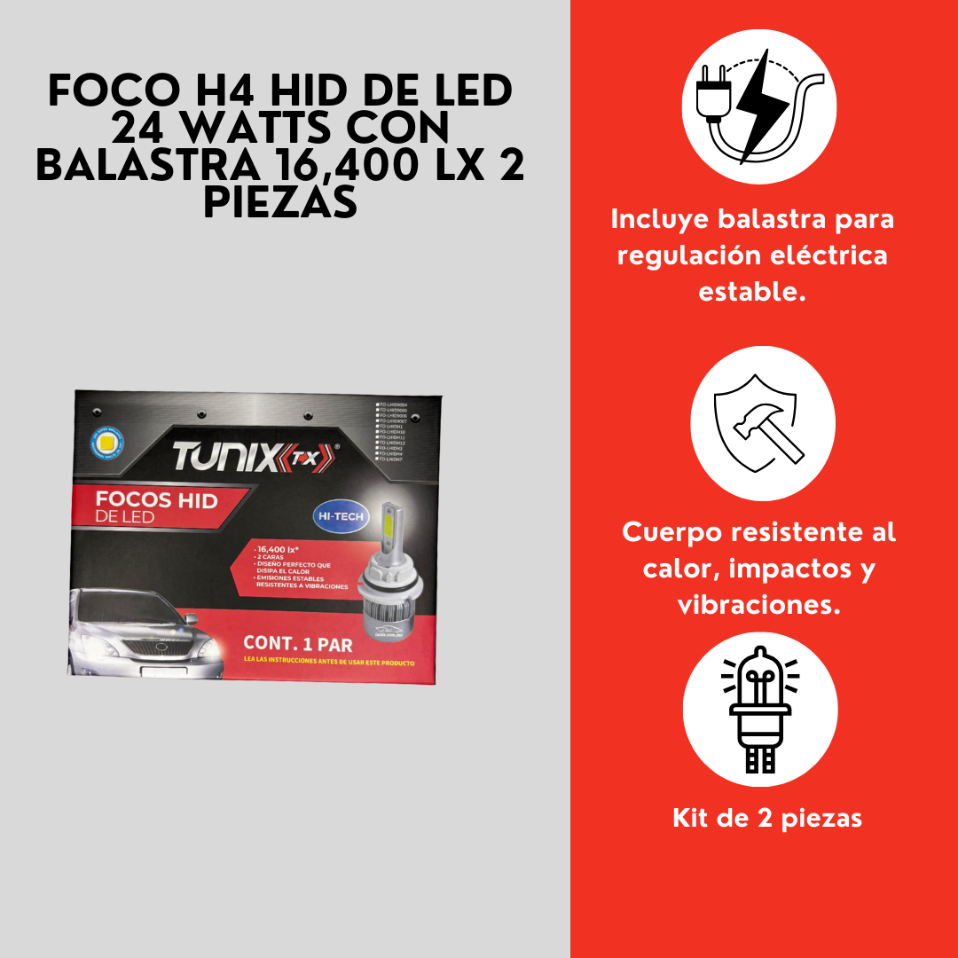 PAR FOCO H4 HID DE LED 24 WATTS CON BALASTRA 16,400 LX