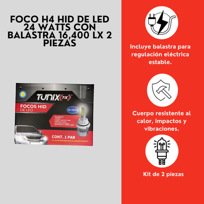 PAR FOCO H4 HID DE LED 24 WATTS CON BALASTRA 16,400 LX