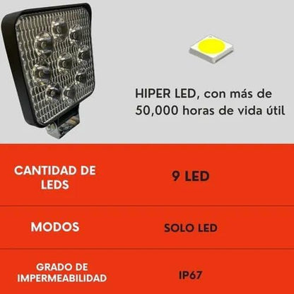 Faro 9 Led Cuadrado 27w Luz Blanca Fija Ore