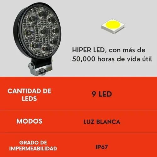 Faro Redondo 9 Led Luz Blanco Fijo Con Base Ore