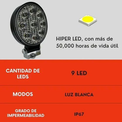 Faro Redondo 9 Led Luz Blanco Fijo Con Base Ore