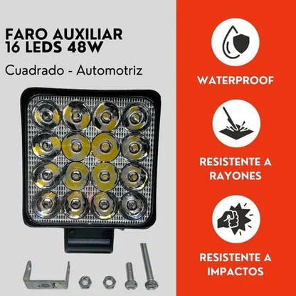 Faro 16 Led Cuadrado 48w Luz Blanca Con Base Ore
