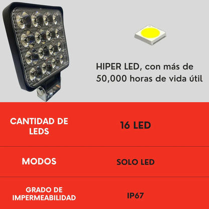 Par Faro 16 Led Cuadrado 48w Luz Blanca Con Base Ore