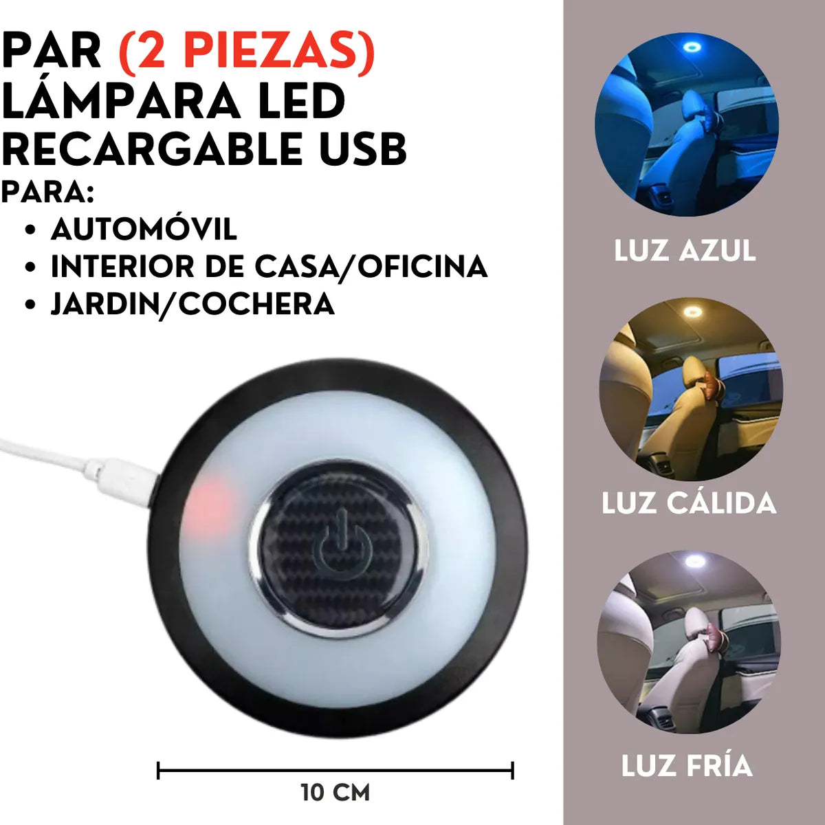 Par Luz Led Techo Interior Casa Auto Recargable Usb 2 Pzs