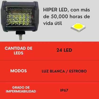 Par Faro Barra 24 Led Blanco Estrobo Auto Moto Ore