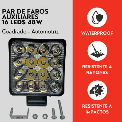 Par Faro 16 Led Cuadrado 48w Luz Blanca Con Base Ore