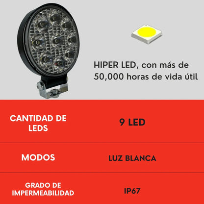 Par Faro Redondo 9 Led Luz Blanco Fijo Con Base Ore