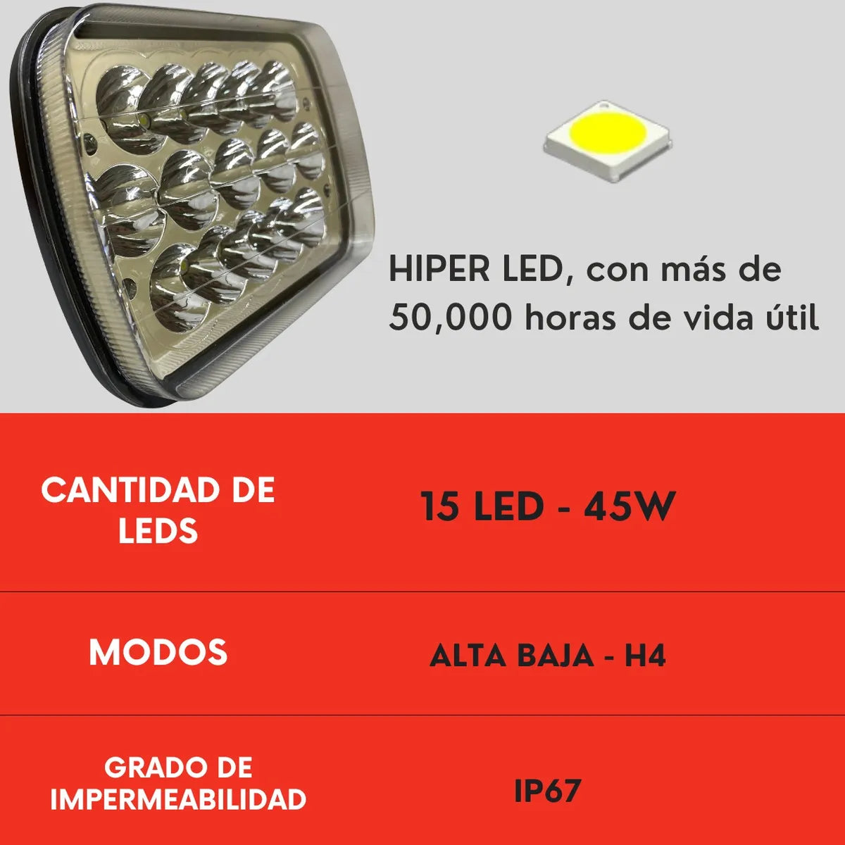 Par Faro Universal 15 Led 5x7 Alta Y Baja H4 45w Ore